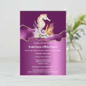 Lila weißes Seepferd Strand Glitzer Gold nautische Einladung (Stehend Vorderseite)