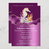 Lila weißes Seepferd Strand Glitzer Gold nautische Einladung (Vorne/Hinten)