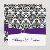 Lila, weißes und schwarzes Damast-Quadrat laden II Einladung (Vorne/Hinten)