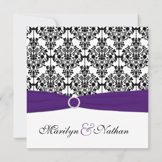 Lila, weißes und schwarzes Damast-Quadrat laden II Einladung (Vorderseite)