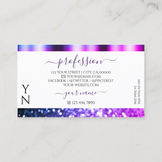 Lila, weißrosa, glatter Glitzer Monogramm Visitenkarte (Rückseite)