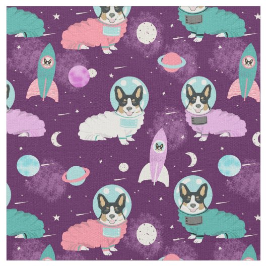 lila Weltraumhund aus Corgi Stoff (Nahaufnahme)