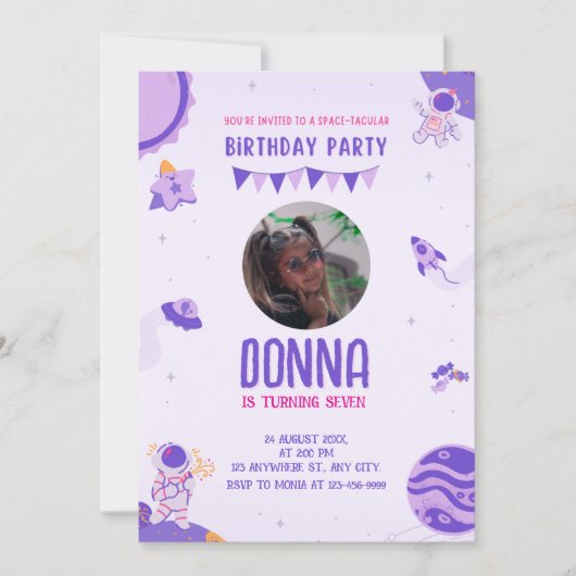 Lila Weltraumtag für Kinder Einladung (Vorderseite)