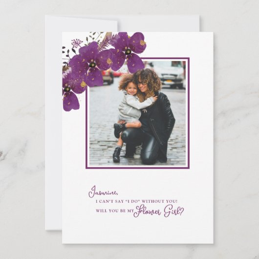 Lila werden Sie mein Foto für den Blumenmädchenvor Einladung (Vorderseite)