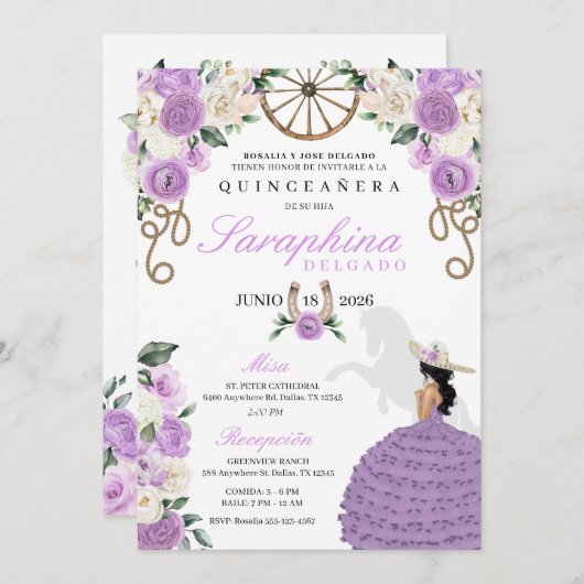 Lila Western Cowgirl Stiefel & Rose Quinceañera Einladung (Vorne/Hinten)