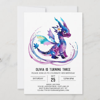 Lila Whimsical Dragon Digital Girl Geburtstag Einladung