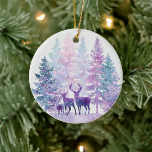 Lila Whimsical-Hirsche-Wald-Weihnachtsbaumschmuck Keramik Ornament