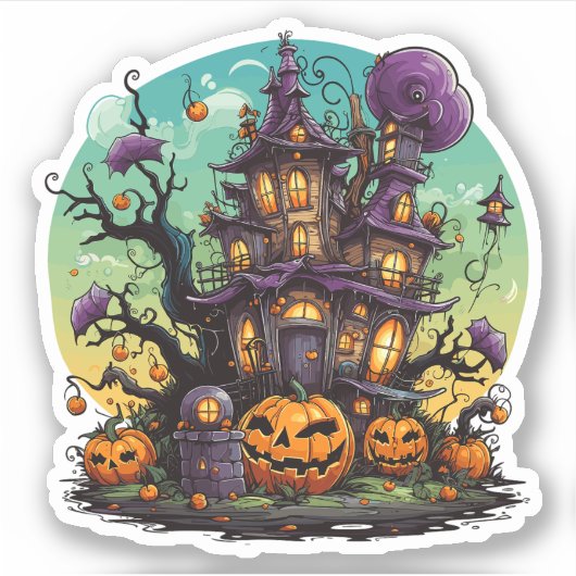 Lila Whimsisches Halloween-Haus Aufkleber (Vorderseite)