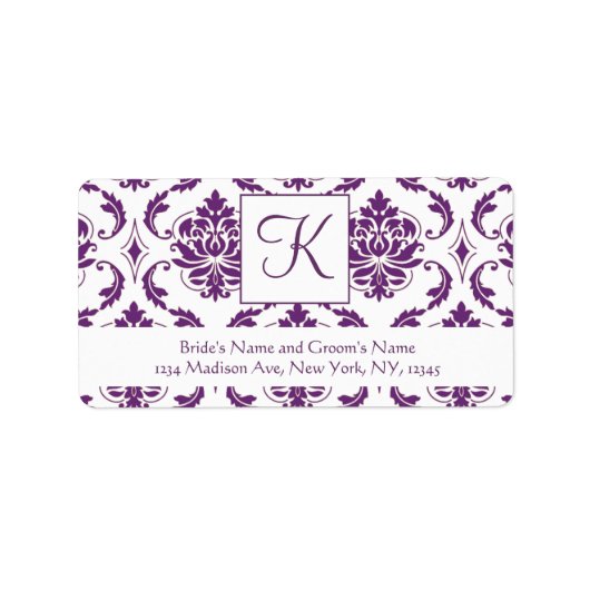 Lila White Damask Monogram Wedding Address Label Adressaufkleber (Vorne)