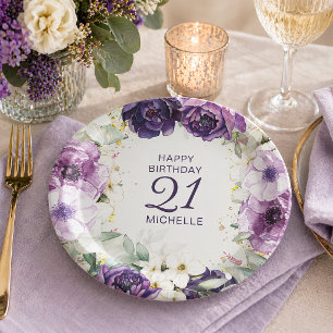 Lila White Floral Happy Geburtstagsnacht Alter Pappteller