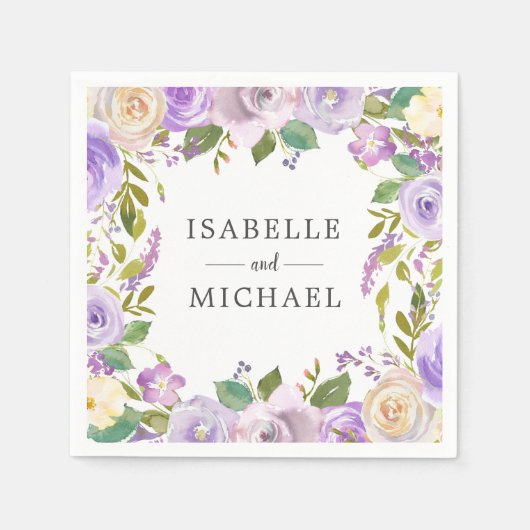 Lila White Floral Monogram Name Wedding Serviette (Vorderseite)