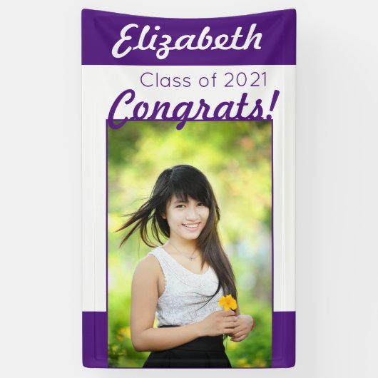 Lila & White Glückwunschs 1 Foto Graduation Party Banner (Vertikal)