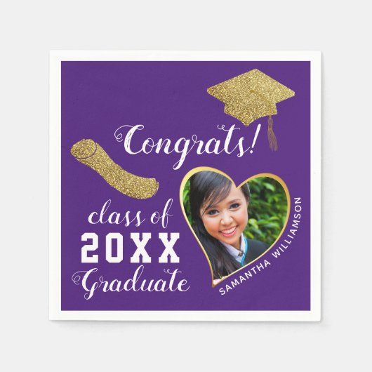 Lila White Gold Class 2025 Grad Foto Abschluss Serviette (Vorderseite)