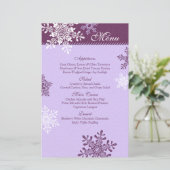 Lila White Snowflakes Winter Wedding Menu Card (Stehend Vorderseite)