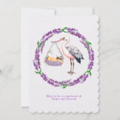 Lila White Stork Girl Babydusche Einladung (Rückseite)