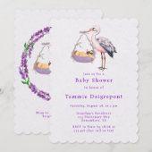 Lila White Stork Girl Babydusche Einladung (Vorne/Hinten)