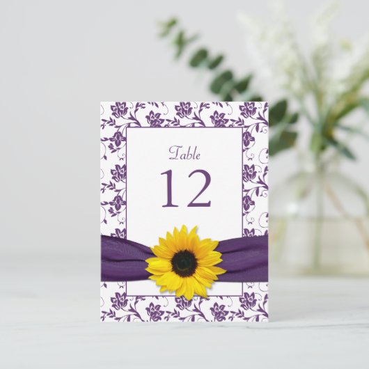Lila White Sunflower Damask Hochzeitskarte Postkarte (Stehend Vorderseite)