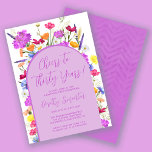 Lila Wildblume Boho Arch 30. Geburtstag Party in Einladung<br><div class="desc">Ein lila Boho-Boho-Bogen umgibt Ihre 30. Geburtstagsdetails des Party. Farbenfrohe Wildblumen fügen eine blumengeschmückte Touch in lila, orange-gelb und rot hinzu. Moderne Schrift auch in lila fügt ein trendiges Ambiente hinzu, das auch weiblich ist. Der Rücken ist tief lila mit einem subtilen, Zickzack Wasserfarben-Muster. Dieses Element koordiniert die Hübsche Lila...</div>