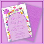 Lila Wildblume Boho Arch 50. Geburtstagsparty Einladung<br><div class="desc">Ein lila Boho-Boho-Bogen umgibt Ihre 50. Geburtstagsparty-Details. Farbenfrohe Wildblumen fügen eine blumengeschmückte Touch in lila, orange-gelb und rot hinzu. Moderne Schrift auch in lila fügt ein trendiges Ambiente hinzu, das auch weiblich ist. Der Rücken ist tief lila mit einem subtilen, Zickzack Wasserfarben-Muster. Dieses Element koordiniert die Hübsche Lila Wildblume-Auflistung. Es...</div>
