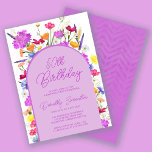 Lila Wildblume Boho Arch 50. Geburtstagsparty Einladung<br><div class="desc">Ein lila Boho-Boho-Bogen umgibt Ihre 50. Geburtstagsparty-Details. Farbenfrohe Wildblumen fügen eine blumengeschmückte Touch in lila, orange-gelb und rot hinzu. Moderne Schrift auch in lila fügt ein trendiges Ambiente hinzu, das auch weiblich ist. Der Rücken ist tief lila mit einem subtilen, Zickzack Wasserfarben-Muster. Dieses Element koordiniert die Hübsche Lila Wildblume-Auflistung. Es...</div>