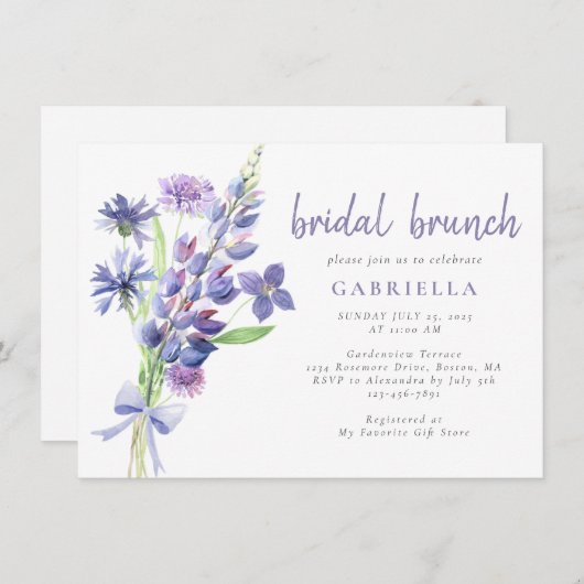 Lila Wildblume Bouquet Bridal Brunch Einladung (Vorne/Hinten)