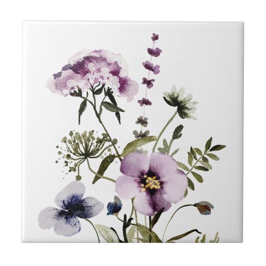 Lila Wildblume Bouquet Fliese (Vorderseite)