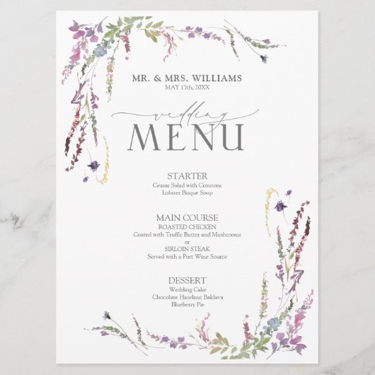 Lila Wildblume Calligraphy Wedding Menu Menükarte (Vorderseite)