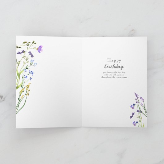 Lila Wildblume Delikatesse Blumengeburt Karte (Innenseite)