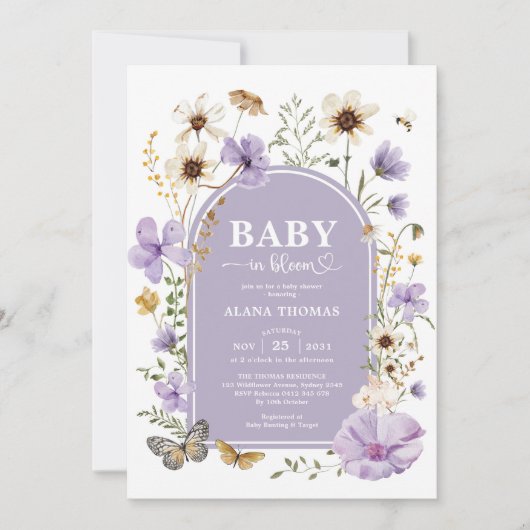 Lila Wildblume Garden Baby in Blütendusche Einladung (Vorderseite)