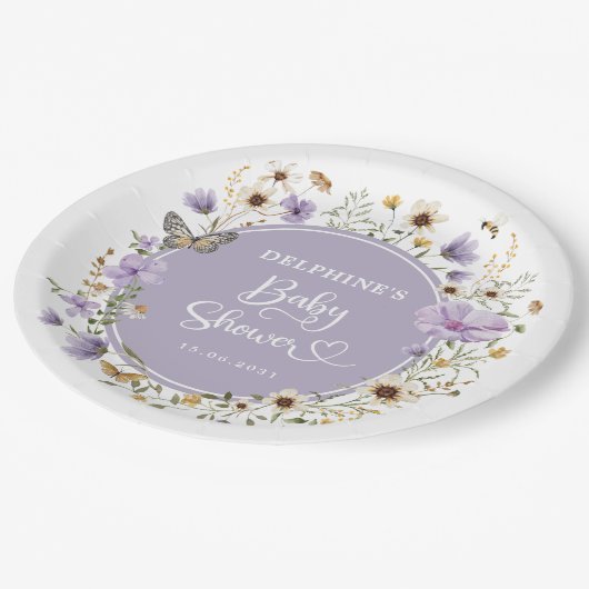 Lila Wildblume Garden Baby in Blütendusche Pappteller (Schrägansicht)