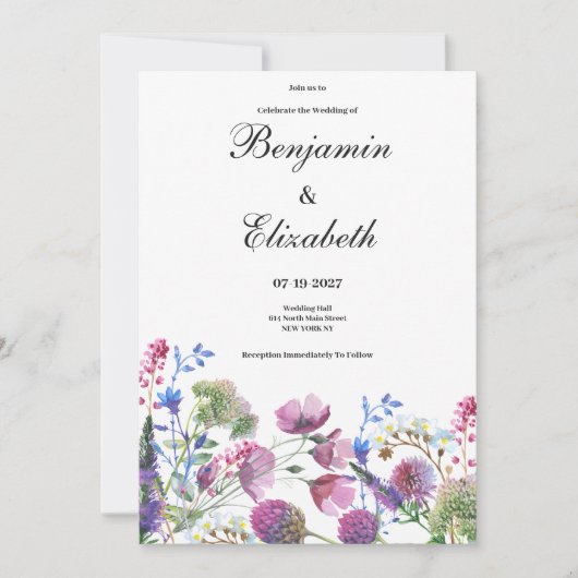 Lila Wildblume Hochzeit in Rosa Einladung (Vorderseite)