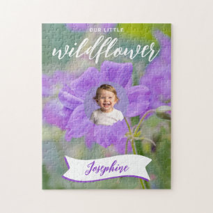 Lila Wildblume Individuelles Kinderfoto und Name Puzzle