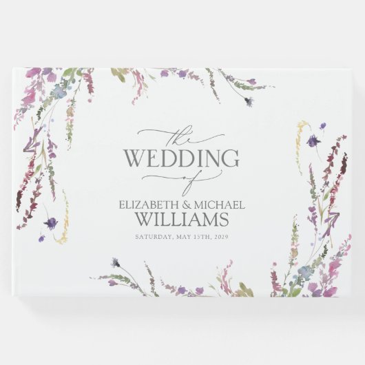 Lila Wildblume Kalligraphie Hochzeit Gästebuch (Vorderseite)