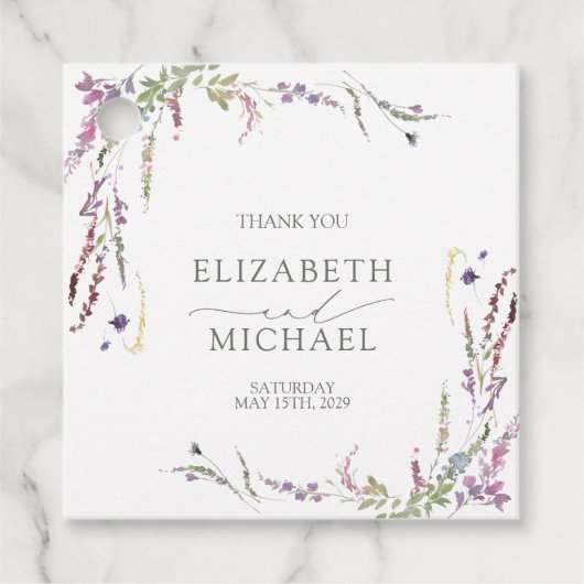 Lila Wildblume Kalligraphie Hochzeit Geschenkanhänger (Vorderseite)