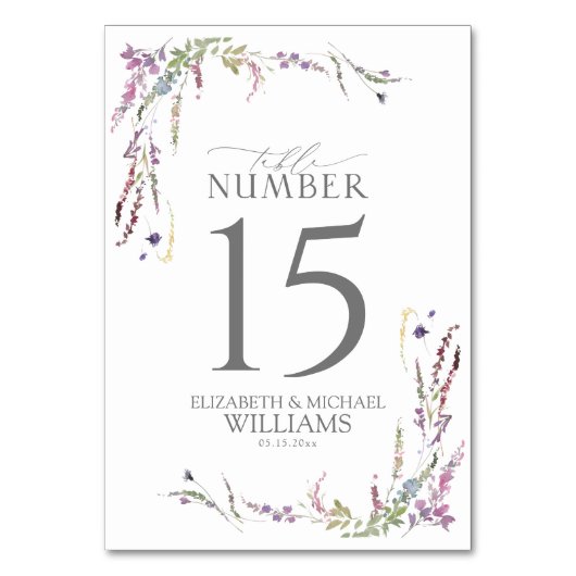 Lila Wildblume Kalligraphie Hochzeit Tischnummer (Rückseite)