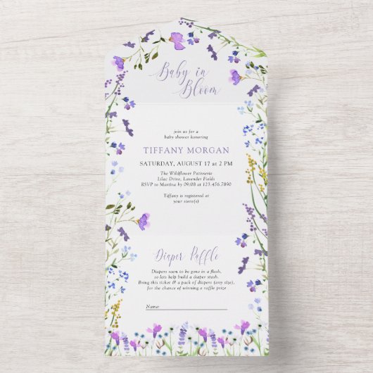 Lila Wildblume Kinderduschbuch und Windeln All In One Einladung (Innen Boden)