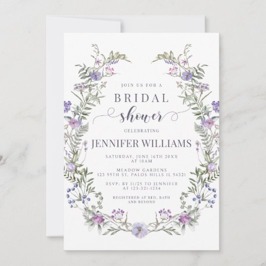 Lila Wildblume rustikale Brautdusche Einladung (Vorderseite)