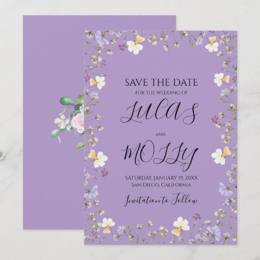 Lila Wildblume Sommerblumenhochzeit Save The Date (Vorne/Hinten)