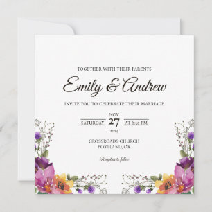 Lila Wildblumen-Aquarell-Quadrat-Hochzeit Einladung