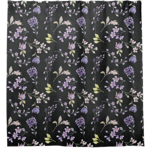Lila Wildblumen auf gestresstem Schwarz Duschvorhang (Vorderseite)