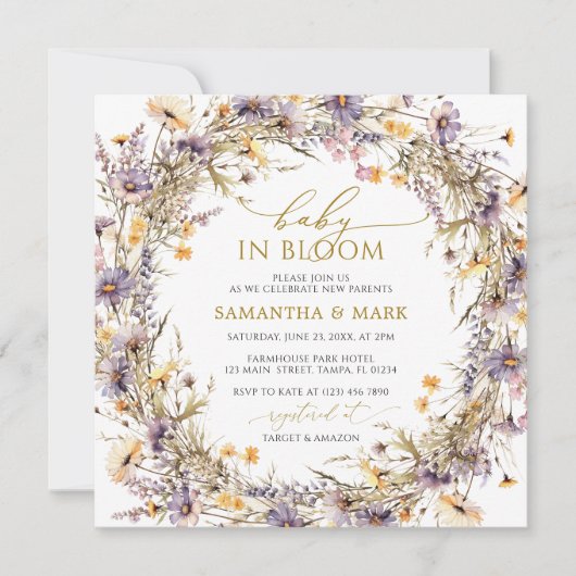 Lila Wildblumen Baby in Blütendusche Einladung (Vorderseite)