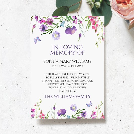 Lila Wildblumen Beileid-Speicher dank Karte