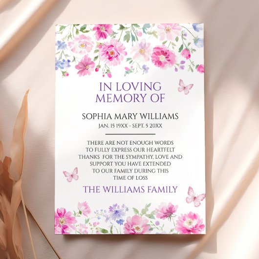 Lila Wildblumen Beileid-Speicher dank Karte