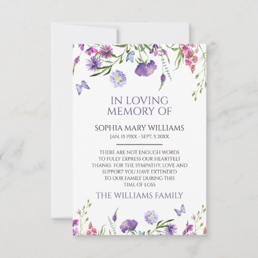 Lila Wildblumen Beileid-Speicher dank Karte (Vorderseite)