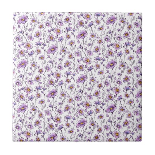 Lila Wildblumen-Botanikmuster-Design Fliese (Vorderseite)