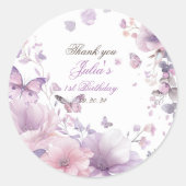 Lila Wildblumen Butterfly Girl's 1. Geburtstag Runder Aufkleber (Vorderseite)
