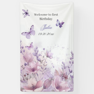 Lila Wildblumen Butterfly Girl's erster Geburtstag Banner