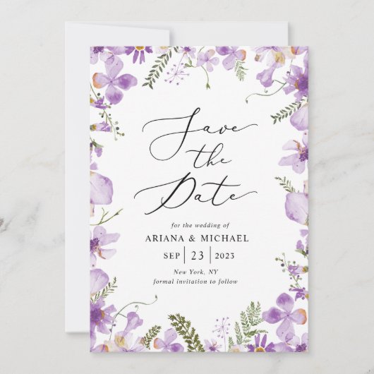 Lila Wildblumen, die die Datumskarten speichern Einladung (Vorderseite)