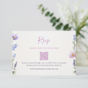 Lila Wildblumen-QR-Code-Hochzeits-Antwortkarte RSVP Karte