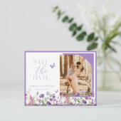 Lila Wildblumen Save the Date Hochzeit Postkarte (Stehend Vorderseite)